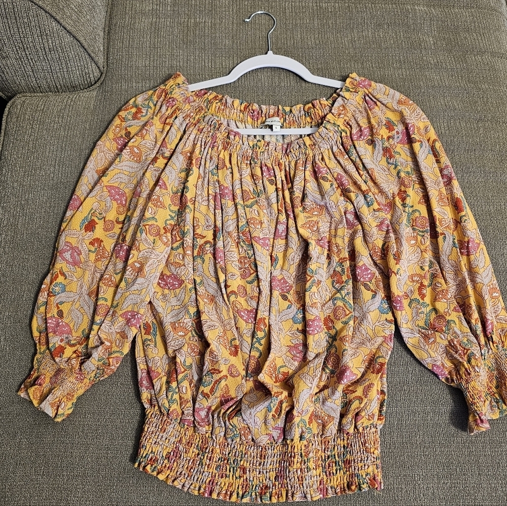 Cupcakes and Cashmere Boho Orange Red Off The Shoulder Puff Sleeve Top Large